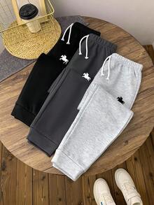 SHEIN 3 件套青少年女孩休闲运动慢跑裤，字母印花，黑色、白色、深灰色，街头风格运动裤 - 彩色 - 查看 4