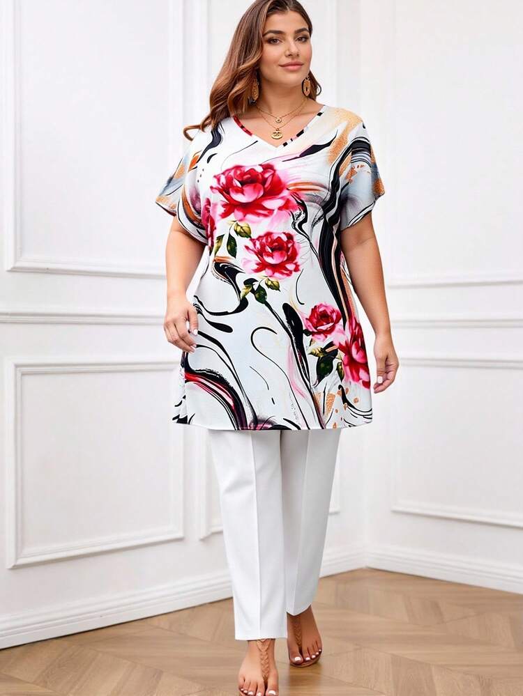 Plus Size Old Money Women Floral Print Loose Vacation Short Sleeve Blouse Spring For Women Bridal Shower White Elegant Floral