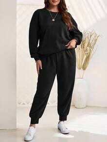 EMERY ROSE Plus Size Women Black Solid Color Round Neck Long Sleeve Sweatshirt And Sweatpants Casual 2 Pieces Set,Autumn Winter Curve Loungewear Fall Clothes - Black - View 4