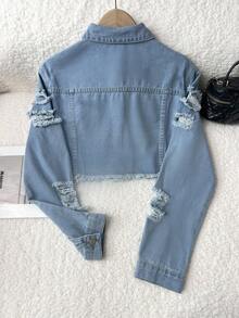 Elamini 休閒洗舊削邊短身牛仔夾克 - 淺色水洗藍 - 查看 2