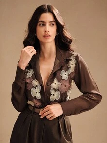 Anewsta 女士新款长袖米色刺绣衬衫，优雅上衣，适合秋季、秋季、外出、正式、派对、时尚、新年、圣诞节、工作、毕业、婚礼 - 棕色 - 查看 3