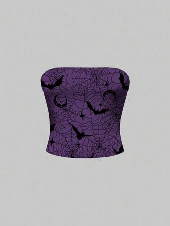 Goth Canotta corta da donna con stampa di ragnatela viola scuro, pipistrelli, sole, luna e stelle per Ognissanti