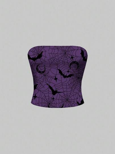 Goth Débardeur court pour femmes avec imprimé toile d'araignée violette foncée, chauve-souris, soleil, lune et étoiles pour Halloween