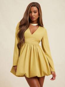 NYA SZN Vestido mini elegante de otoño color amarillo mostaza con manga larga, escote pronunciado y falda abullonada, fluido y modesto, para invitada de boda, brunch, oficina y estilo business casual - Amarillo - Ver 4