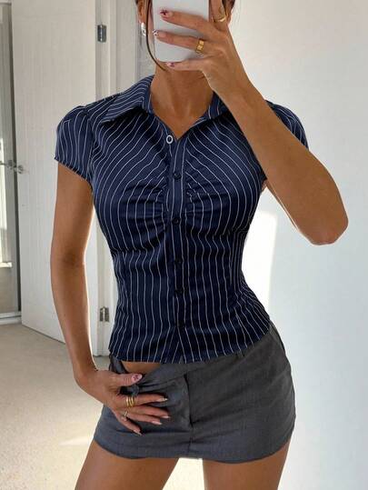 Siren Gaze Women's Striped Print Button Front Fitted Short Sleeve Shirt Summer Blue Casual