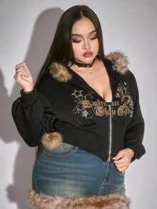 ROMWE Goth Black Graphic Y2K Subculture Retro Fitted Leopard Print Hooded Sweatshirt, Vintage Vine Print Rhinestone Embellished Plus Size Sweatshirt/Winter - Black - View 7