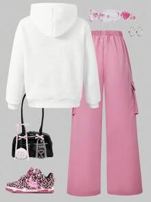 Sparklyn 2 件青少年字母印花连帽衫 + 美式绿色工装裤休闲街头运动装，秋冬 - 粉色 - 查看 2