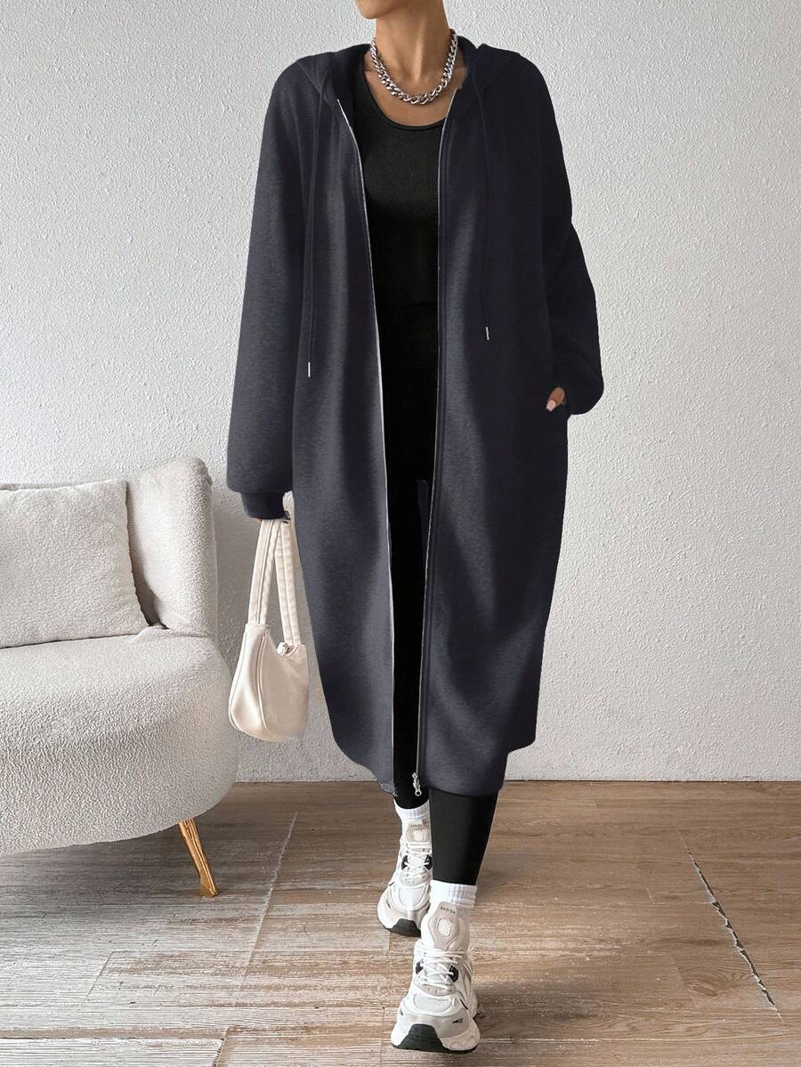 SHEIN EZwear 女士中长款灰色连帽外套，带保暖内衬，秋冬新款长款开衫长外套，秋季简约女装，舒适秋冬女装 - 深灰色 - 查看 1