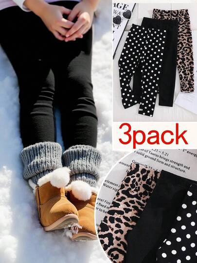 Emery Rose Kids Emery Rose Kids 3件套少女针织波尔卡圆点、豹纹和纯色休闲紧身裤