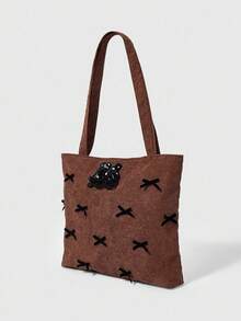 ROMWE Kawaii Corduroy Bow Kitten Shoulder Bag - Brown - View 2