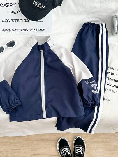 Genkimix Kids 2 件套年轻男童撞色拉链立领夹克和梭织裤套装，时尚休闲韩版风格，适合返校季和多种场合