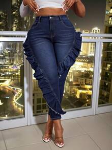 Slaydiva Quần jean bó 7/8 màu xanh co giãn cá tính cho nữ cỡ lớn, trang phục cao bồi/rodeo - Rửa tối - Xem 1