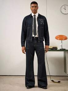 RivetRise 2pcs Men Letter Embroidered Denim Jacket And Flared Leg Jeans Clothes Set, Fall - Dark Wash - View 7