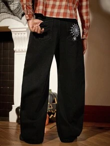 Manfinity Homme 男士美式街头风格破洞牛仔裤，蜘蛛刺绣朋克常规水洗图案黑色宽松迪斯科街头破洞牛仔裤，垃圾摇滚 - 黑色 - 查看 5