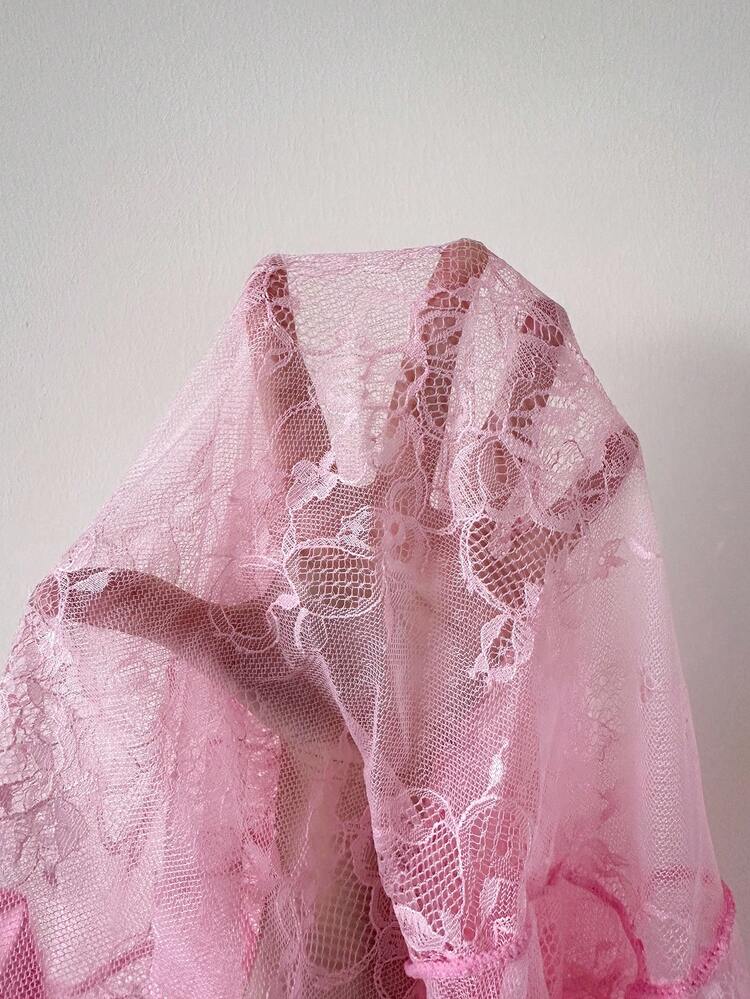 Seduluxe 2pcs Set: 3D Floral Lace Robe + Fishbone Waist Design Lace Camisole Nightgown Pink Lingerie Dress Lingerie Robe Set Sheer Robe Mesh Robe - Pink - View 7