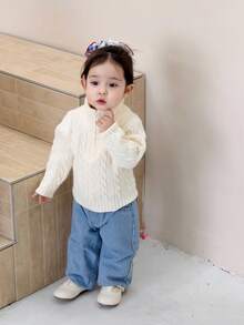 DAZY 女婴卡通刺绣韩版毛衣，秋冬季幼儿女童服装 - 米色 - 查看 5