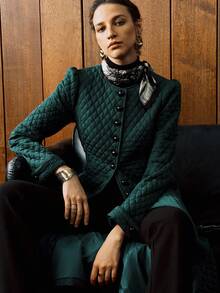 Arave 女式长款绗缝菱形格纹收腰泡泡袖夹克，秋冬 - 墨綠色 - 查看 6