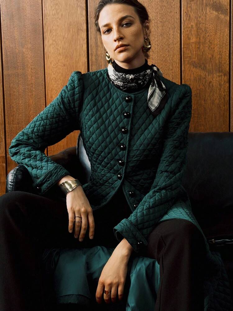 Arave Women's Full-Needle Small Diamond Plaid Quilted Embroidery Straight Shoulder Waist Puff Sleeve Lake Green Elegant Date Retro Temperament Cotton Jacket Fall Clothes For Women Winter Clothes Winter Clothes For Women Going Out Tops For Women Women's Winter Coat - Dark Green - View 6