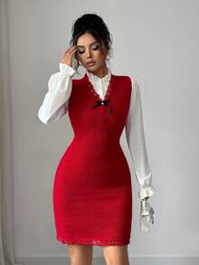 Elenzga Women's Solid Color Elegant Knit Sweater Dress - Red - View 4