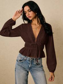 Poéselle 女士休闲通勤简约纯色 V 领灯笼袖前结短款上衣，春秋装