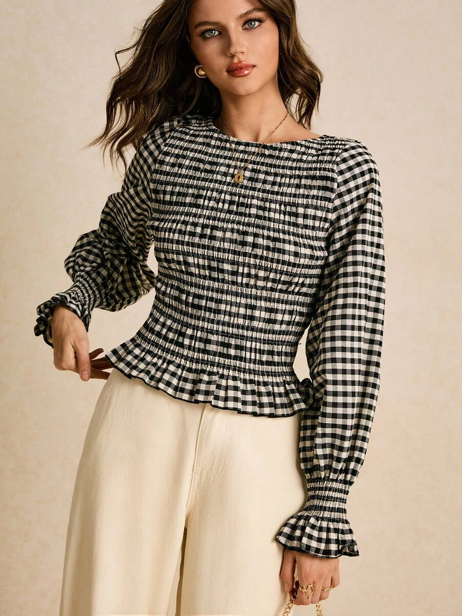 Poéselle 黑白格子褶皱设计修身长袖女式上衣 - 黑與白 - 查看 1