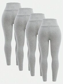 SHEIN Girlism Tween 女童修身休闲舒适高腰交叉设计裤，多件装运动服 - 淺灰色 - 查看 2