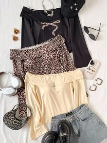 3pcs Teen Girl Casual Chic Street Style Leopard Print Foldover Off Shoulder Long Sleeve T-Shirt Fall Winter - Multicolor - View 1