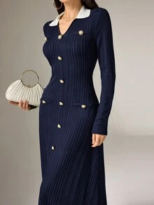 Heiryn 女士撞色纽扣装饰长袖中长连衣裙，优雅女装 - 藏蓝色 - 查看 6