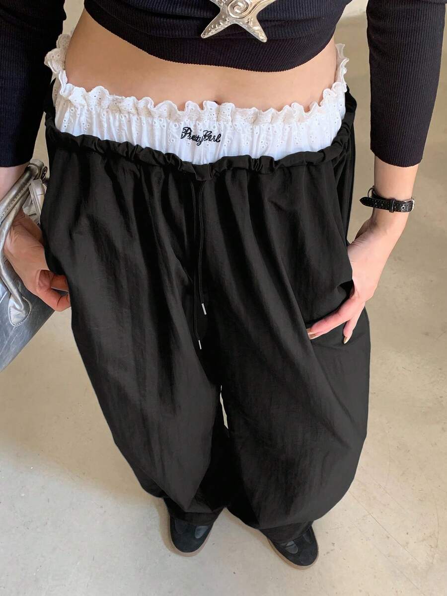FRIFUL 女士纯色腰带撞色蕾丝面料撞色刺绣字母宽松直筒裤，休闲百搭长裤，秋冬 - 黑色 - 查看 1