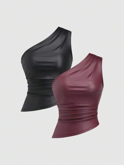 Sweetra Set de 2 blusas de mujer de otoño, sexy, con pliegues, de tela elástica, de ajuste ceñido y versátil para ir al trabajo, en color burdeos y negro