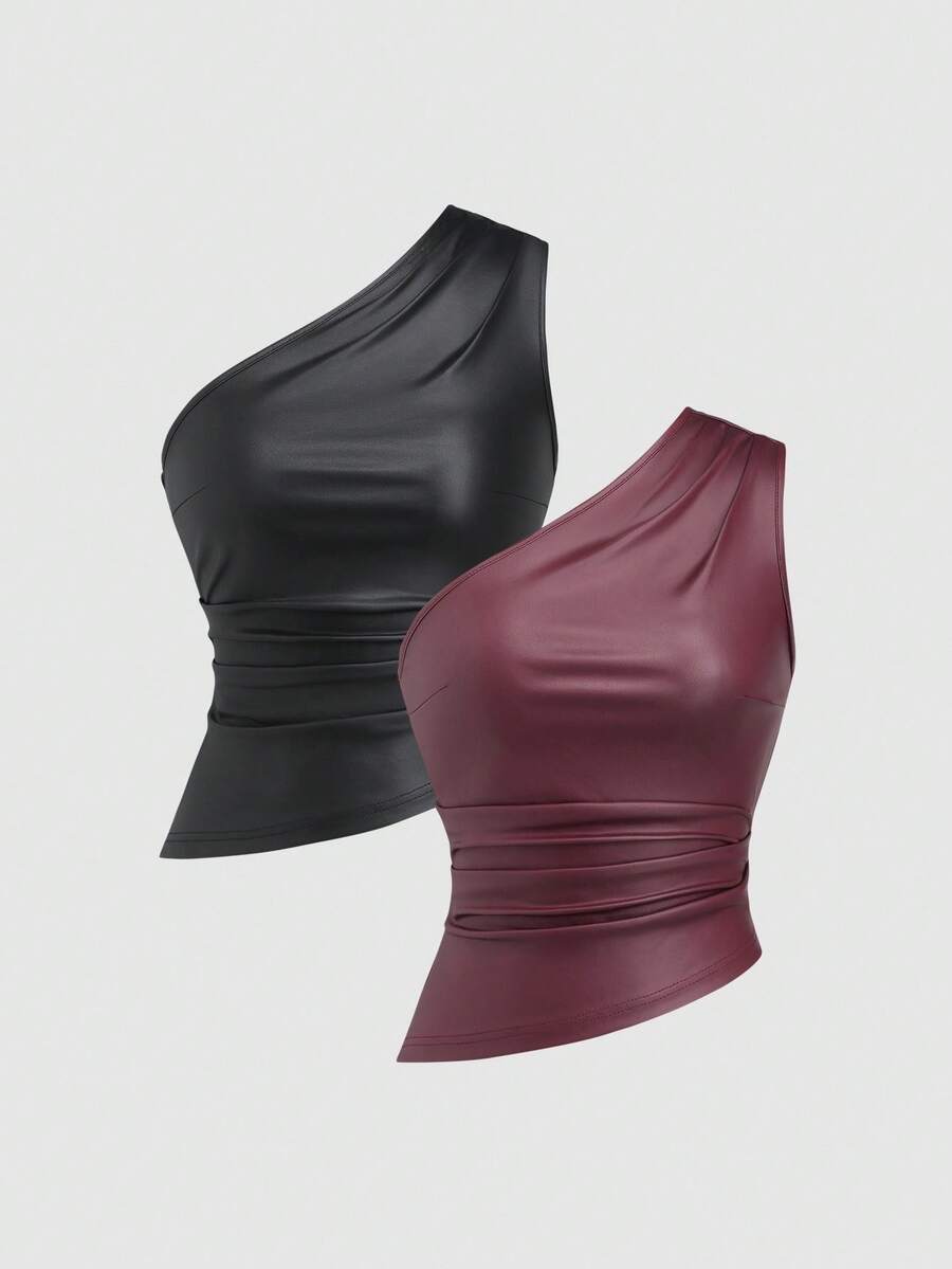 Sweetra 2 件套女士秋季性感褶皱弹力面料修身通勤百搭衬衫套装，酒红色和黑色 - 彩色 - 查看 1