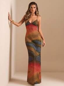 SHEIN BAE Váy Maxi tay dài in họa tiết, nhuộm loang, màu trơn thu đông, váy ôm sát cổ yếm hở lưng thanh lịch, gợi cảm, phù hợp cho những dịp trang trọng, tiệc cocktail, câu lạc bộ - Nhiều màu - Xem 7