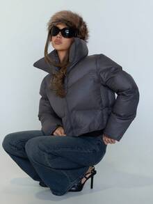 SHEIN ICON Y2k Women's Grey Fashion Versatile Solid Color Stand Collar Cropped Jacket, Padded Coat Winter - Grey - View 3