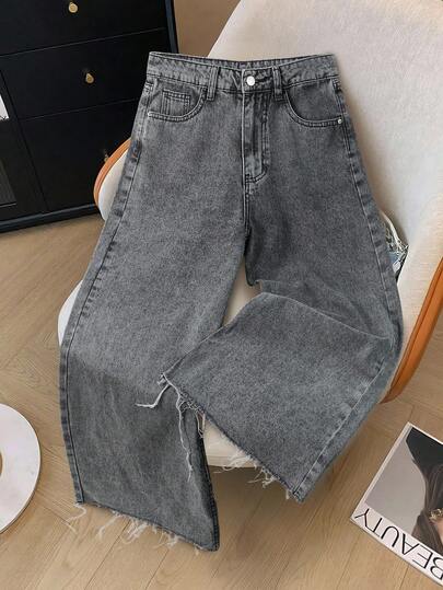 GlowEve Casual Minimalist Solid Color Wide Leg Jeans