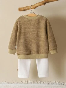 SHEIN 2 件套女婴休闲百搭舒适可爱针织面料蝴蝶结装饰圆领宽松套头衫和修身裤套装，适合家居和户外，高性价比，秋冬 - 卡其色 - 查看 2
