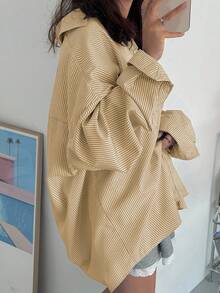 DAZY 女式宽松领口条纹设计休闲衬衫，蓝色，春夏秋装，秋季女装长袖上衣 - 黃色 - 查看 2