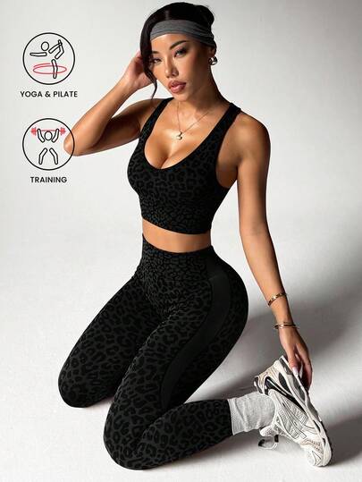 Slayoga 1 Set Women Leopard Print Twist V-Neck Tank Top And Leggings Yoga Workout Running Sports Suit Leopard Workout Set Leopard Sports Bra Two Piece Yoga Set Yoga Training Outfit 2 Pc Workout Set Petite Workout Set