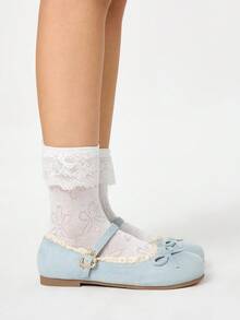 ROMWE Kawaii 女士蓝色玛丽珍鞋、包头乐福鞋、蝴蝶结蕾丝洛丽塔芭蕾平底鞋 - 藍色 - 查看 4