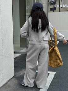 DAZY 两件套少女连帽针织抓绒卫衣裤套装，秋冬季 - 灰色 - 查看 5