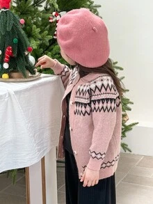 Genkimix Kids 秋冬新款韩版复古女童开衫圆领插肩袖针织花图案毛衣 - 粉色 - 查看 7