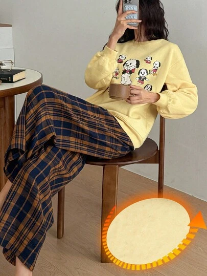 DAZY 女式小狗印花羊毛运动衫上衣和格子睡裤套装，秋冬装