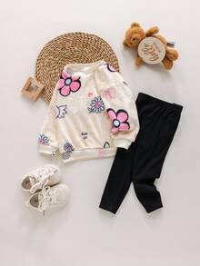 SHEIN 女婴花卉印花长袖卫衣和裤子套装，秋冬 - 杏色 - 查看 4