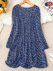Rusticease 加大码花卉印花短款圆领长袖连衣裙冬季服装 - 寶藍色 - 查看 1