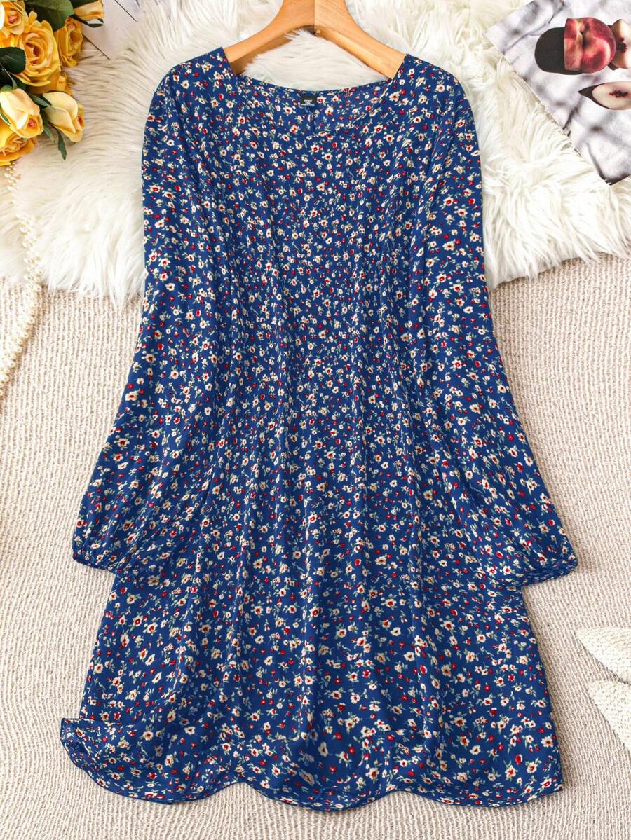 Rusticease 加大码花卉印花短款圆领长袖连衣裙冬季服装 - 寶藍色 - 查看 1