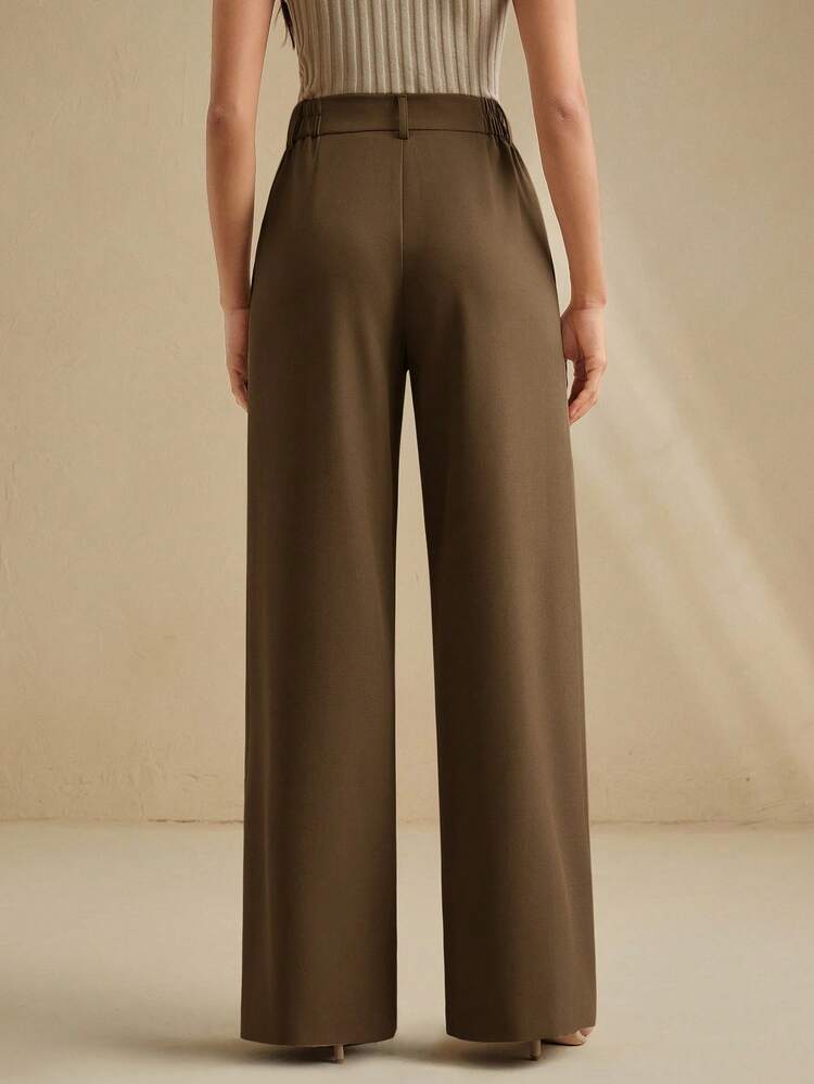 Anewsta Essential Elegant & Chic Brown Wide Leg Pants With Pleated Leg Design, Suitable For Fall/Autumn