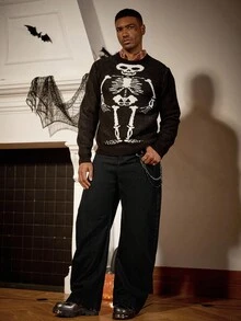 Manfinity Homme 男士美式街头风格破洞牛仔裤，蜘蛛刺绣朋克常规水洗图案黑色宽松迪斯科街头破洞牛仔裤，垃圾摇滚 - 黑色 - 查看 4