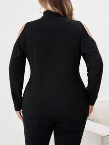 SHEIN CURVE+ Casual Simple Slim Cold Shoulder Plus Size Turtleneck T-Shirt, Autumn/Winter - Black - View 3