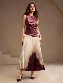 Anewsta Beige Autumn Elegant Dining Women's High-End Sleeveless Leather Jacket Patchwork Gradient Floral Pleated Long Dress,Spring Formal Party New Year Dress - Burgundy - View 5