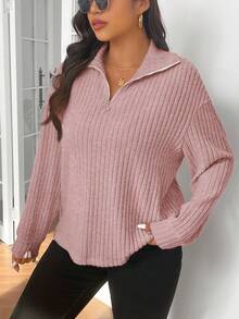 SHEIN Frenchy Áo thun cổ bẻ màu mơ lông mịn cỡ lớn có khóa kéo - Hồng - Xem 6