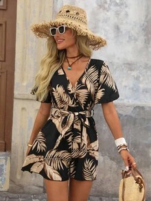 Brillora 女式葉紋圍巾V領連身褲，適用於夏季海灘假期 - 黑與白 - 查看 5